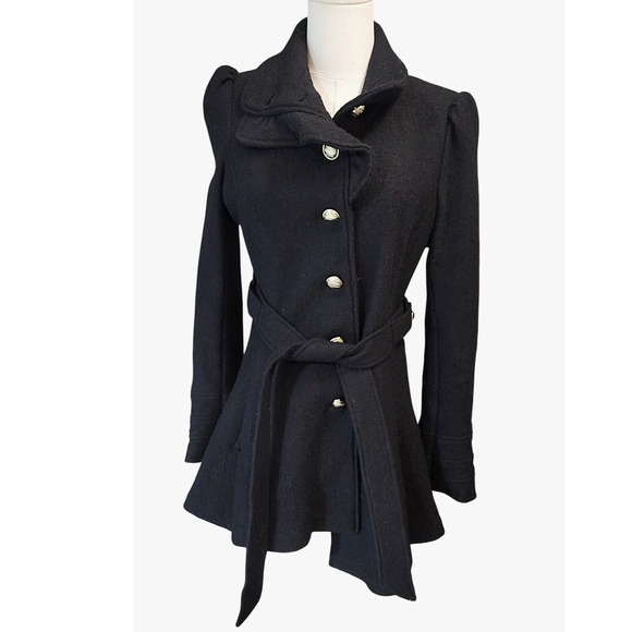 Bebe2yk Black Wool Blend Ruffled Collar Belted Peplum Coat Womens XS - Picture 2 of 13